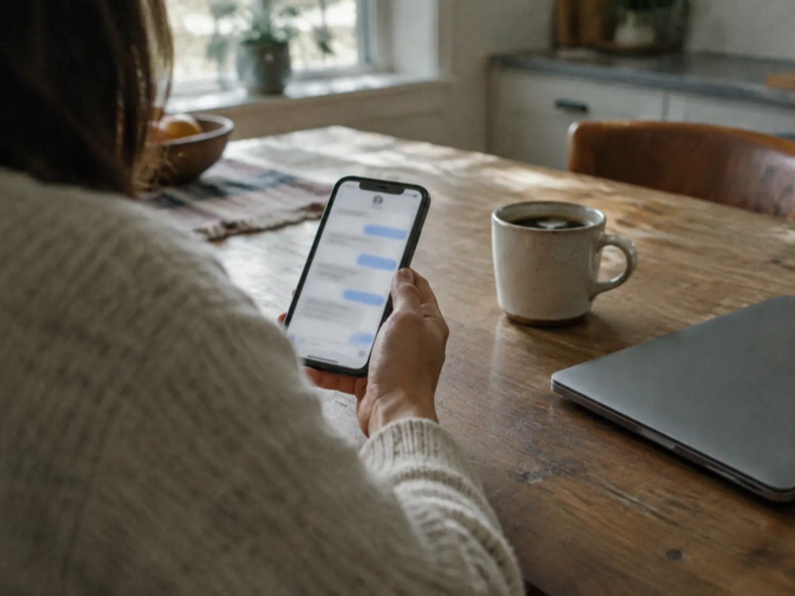 A business owner reading the morning briefing on his phone over coffee