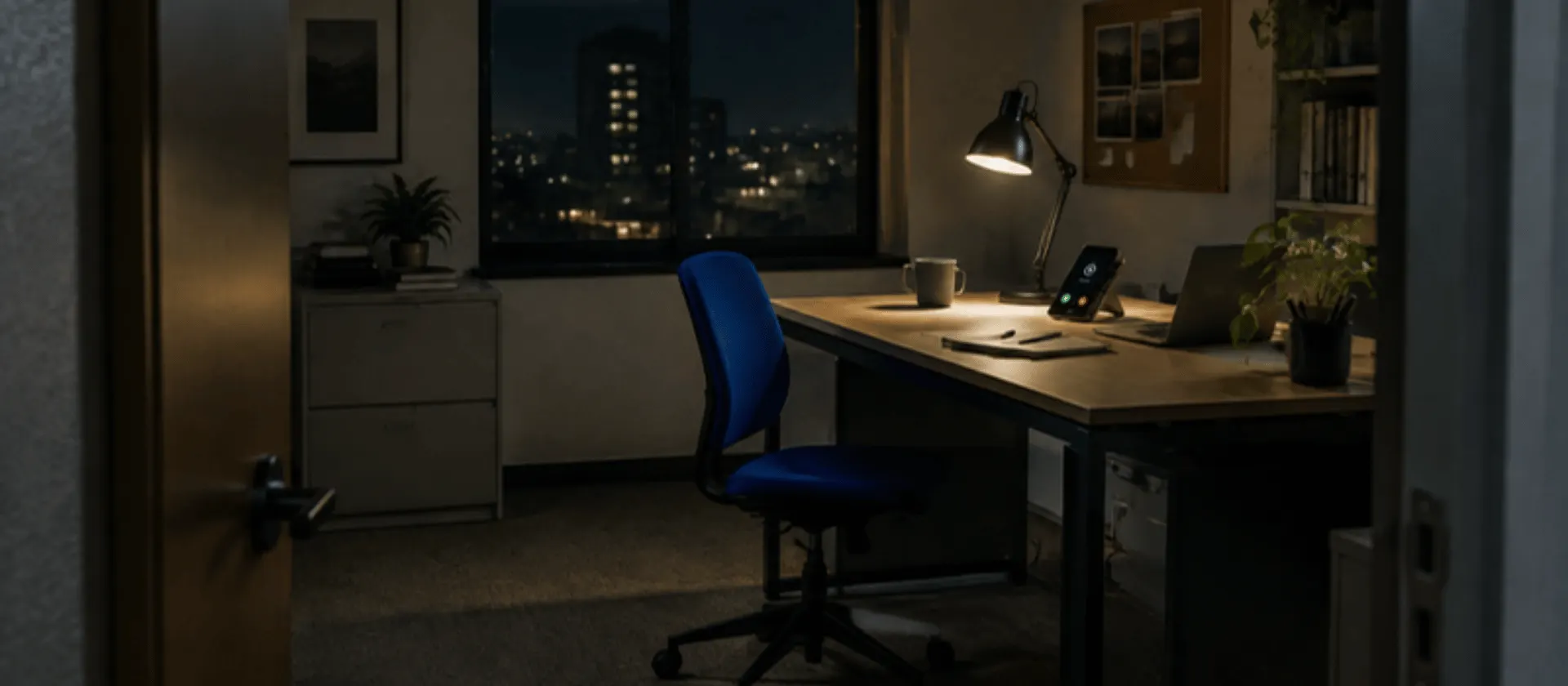 An office at night with one desk lamp still on