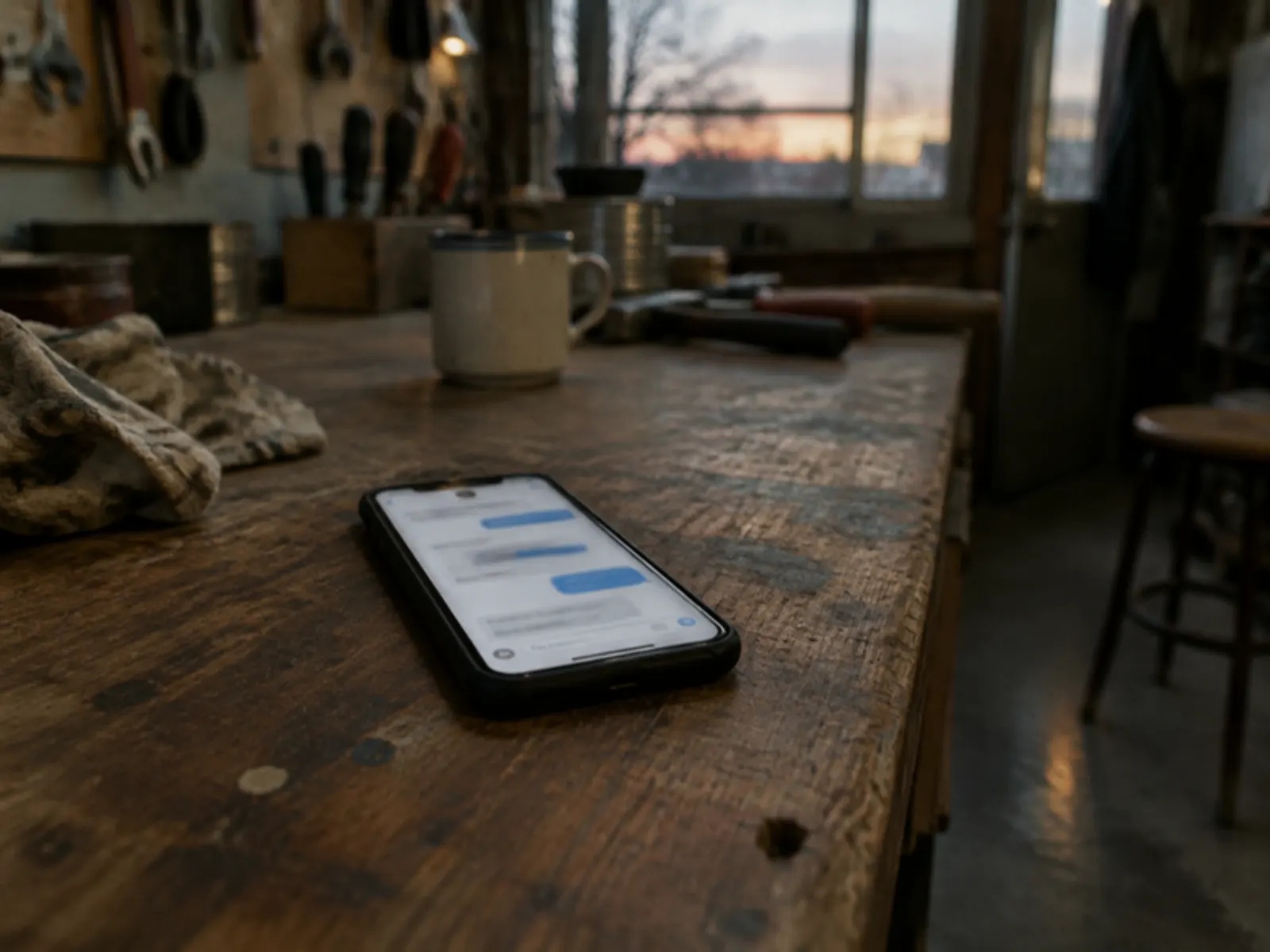 A phone lit with a conversation on a workshop counter after closing
