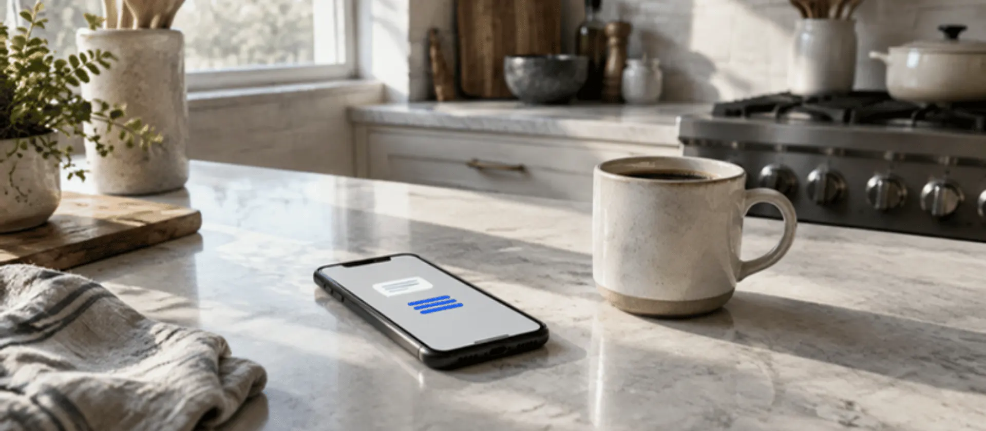 A phone showing the briefing on a kitchen counter