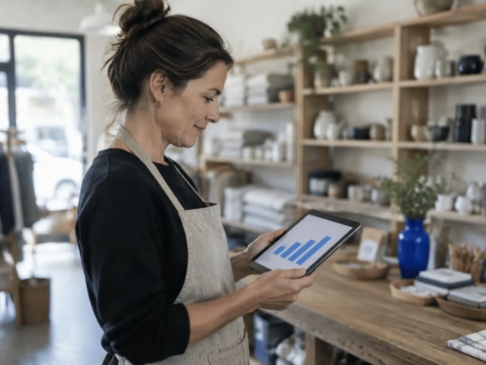 A shop owner reading a report on a tablet