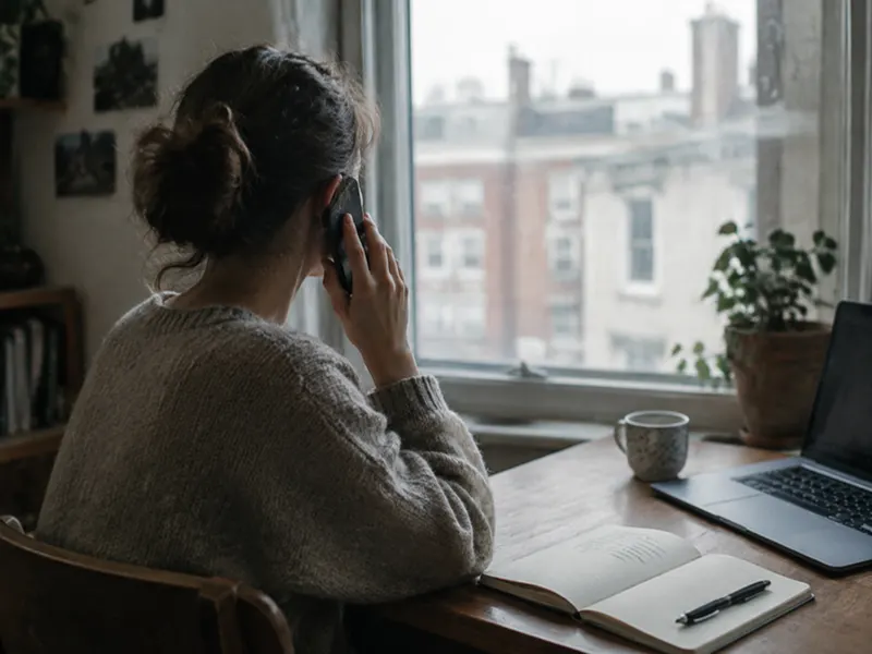 A person on a phone call at a desk by a window, notebook open