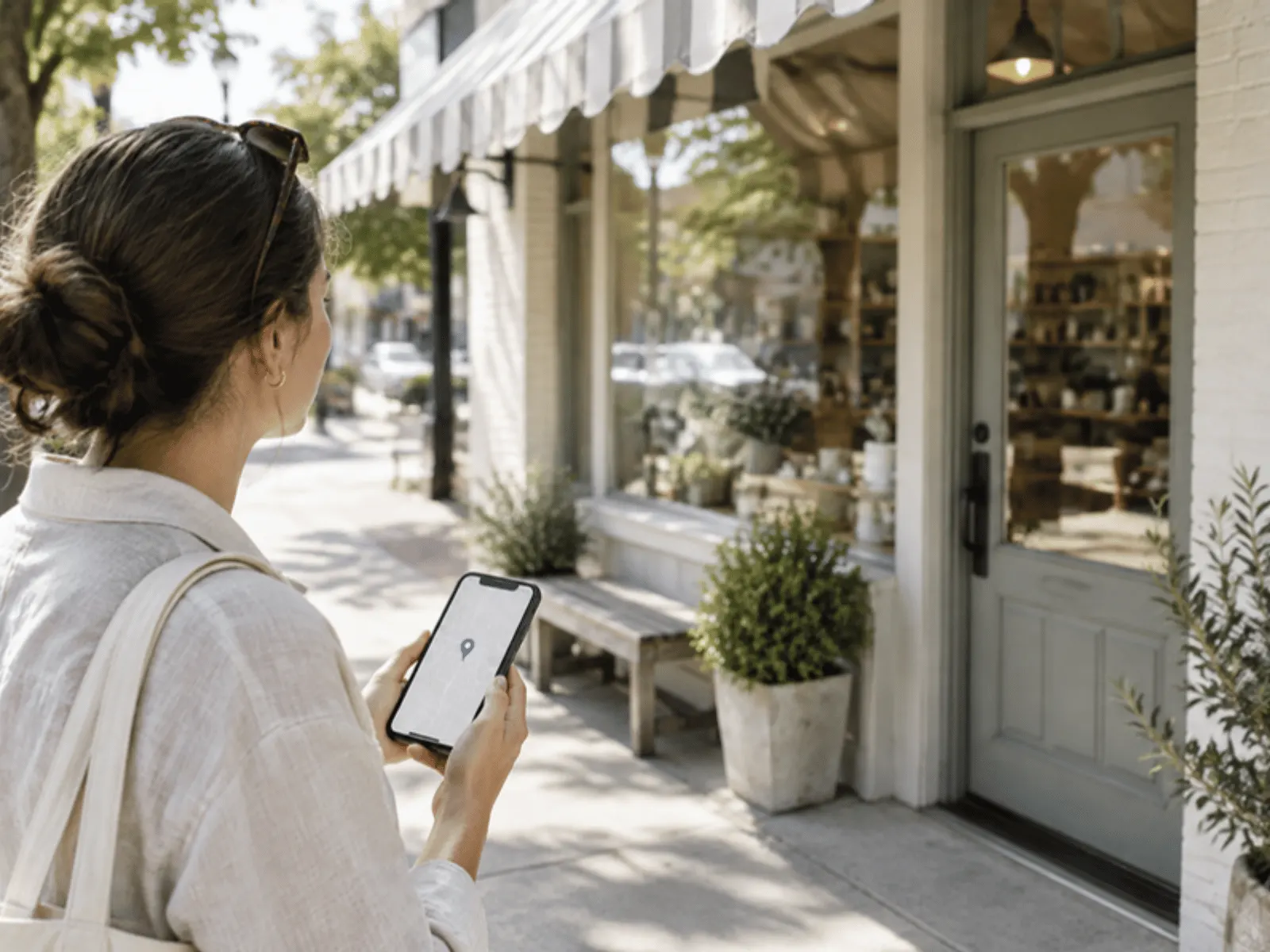 A customer outside a shop with a map on her phone