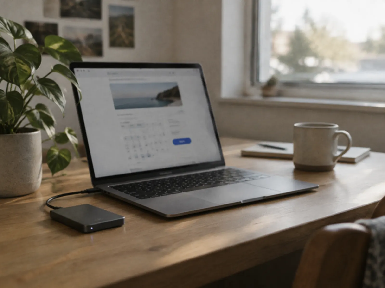 A laptop showing a booking page, a backup drive beside it