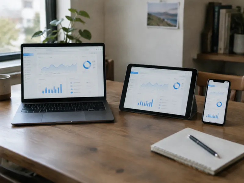 A laptop, tablet and phone showing the same dashboard