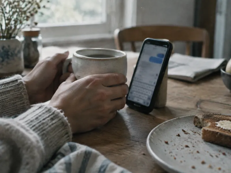 Hands around a mug beside a phone showing the morning briefing