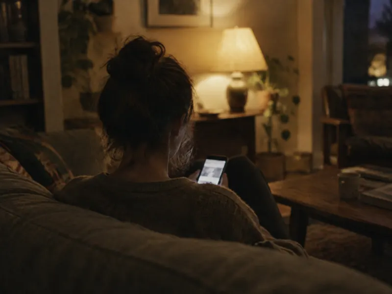 A person on the sofa at night reading a booking on their phone
